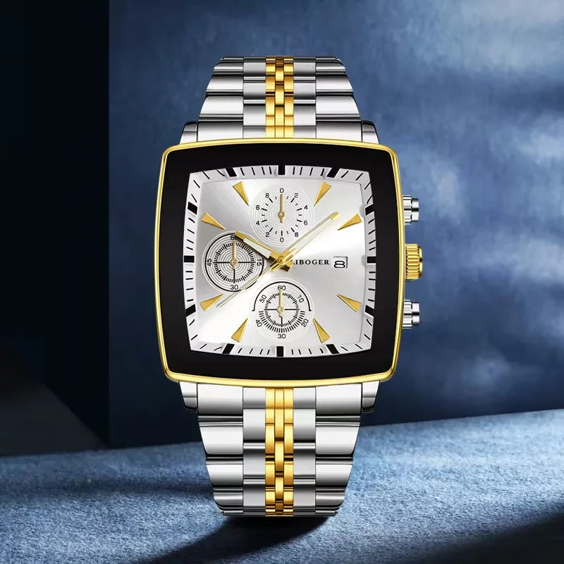 Luxury Square Dial Men Quartz Wristwatch Fashion Stainless Steel Man Business Watches With Calendar , perfect for gift