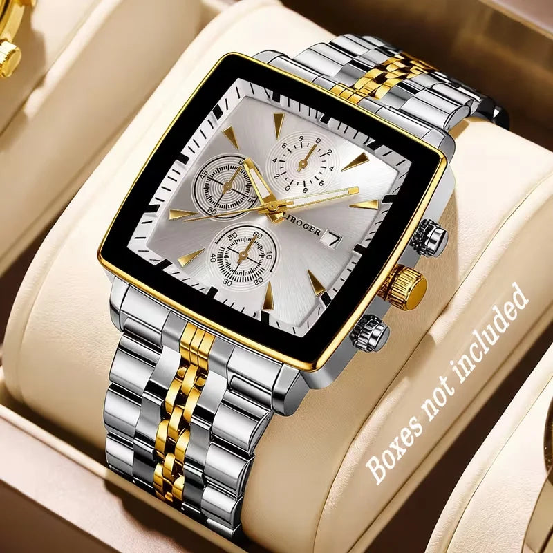 Luxury Square Dial Men Quartz Wristwatch Fashion Stainless Steel Man Business Watches With Calendar , perfect for gift